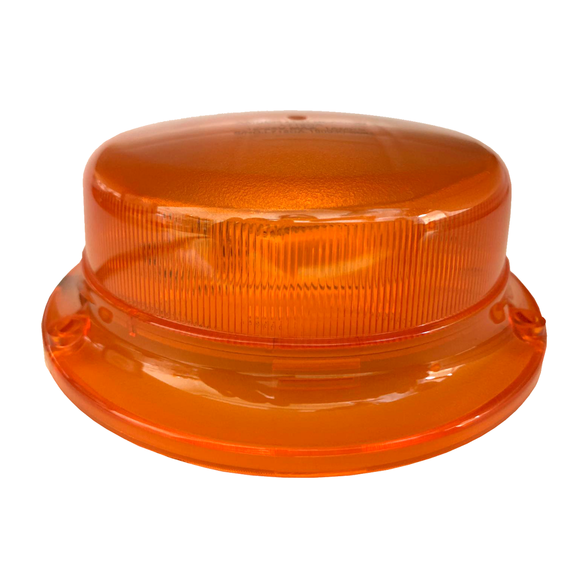 Low profile amber LED beacon seen from the side, the ribbed amber lens dome seated on a wide amber flange base with the two stainless fixings