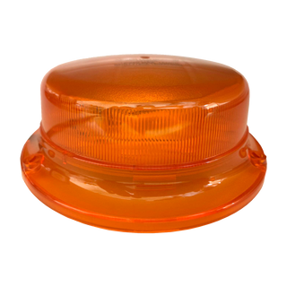 Low profile amber LED beacon seen from the side, the ribbed amber lens dome seated on a wide amber flange base with the two stainless fixings