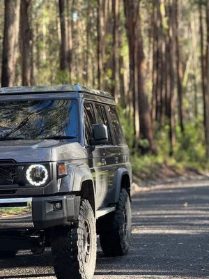 SUV driving on a road surrounded by trees