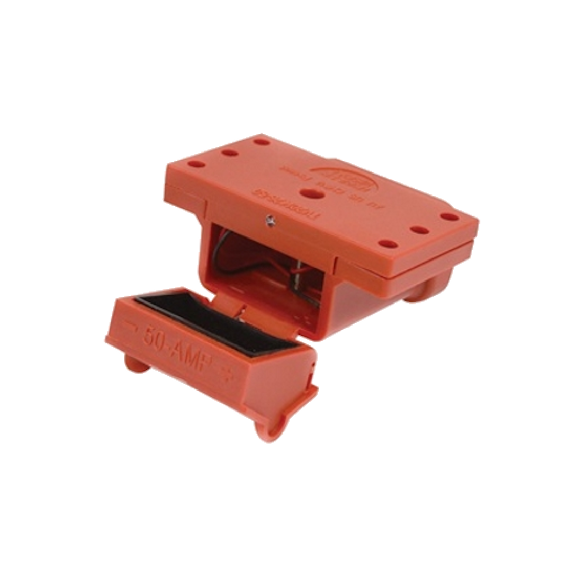 Red surface-mount cover for an SB50 Anderson connector shown open, the hinged flap moulded 50 AMP folded down to reveal the connector cavity and its foam seal