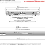 Technical drawing of a roof tent system with dimensions and specifications.