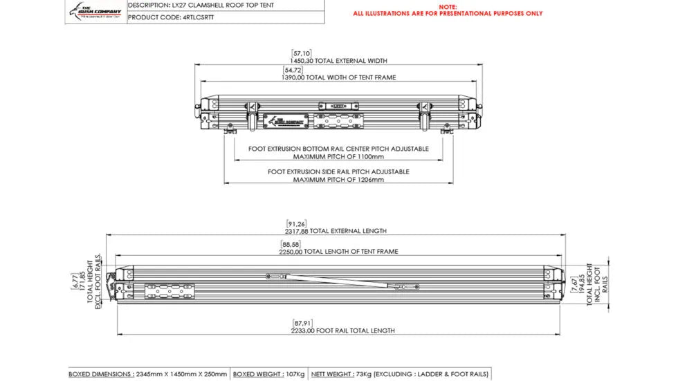 Technical drawing of a roof tent system with dimensions and specifications.