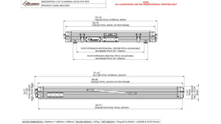 Technical drawing of a roof tent system with dimensions and specifications.