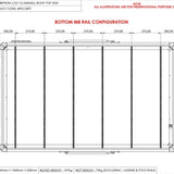 Technical drawing of a roof top tent with dimensions and rail configuration