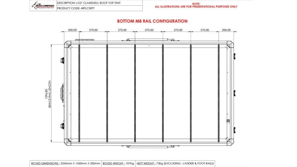 Technical drawing of a roof top tent with dimensions and rail configuration