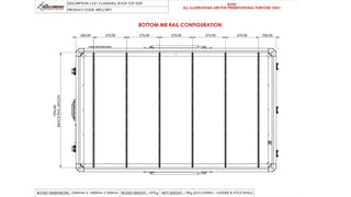 Technical drawing of a roof top tent with dimensions and rail configuration