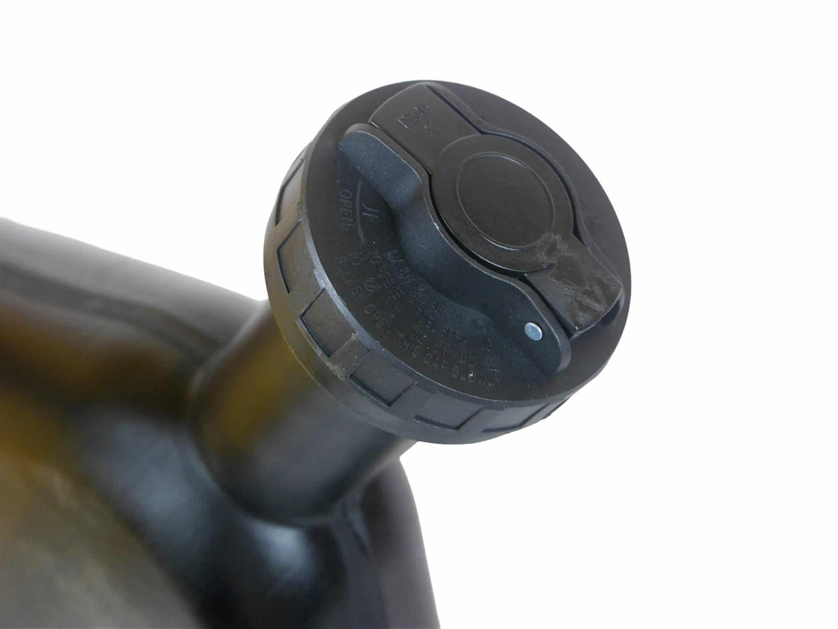 Close-up of the 10L Black Wafer Fuel Tank for Diesel with Lockable Cap and Gauge on a white background