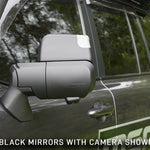 Car side mirror with built-in camera on a vehicle, surrounded by greenery.