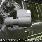 Car side mirror with camera attachment on a vehicle, with text indicating 'Black mirrors with camera shown'.