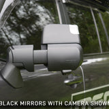 Car side mirror with camera attachment on a vehicle, with text indicating 'Black mirrors with camera shown'.
