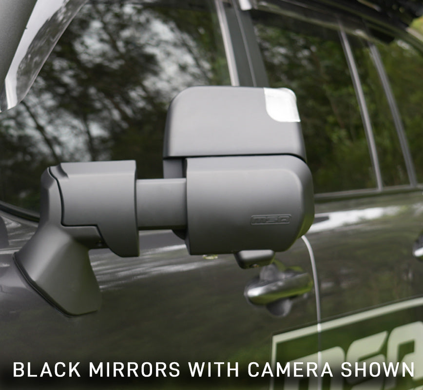 Car side mirror with camera attachment on a vehicle, with text indicating 'Black mirrors with camera shown'.