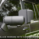 Car side mirror with built-in camera on a vehicle, with text indicating 'Black mirrors with camera shown'.