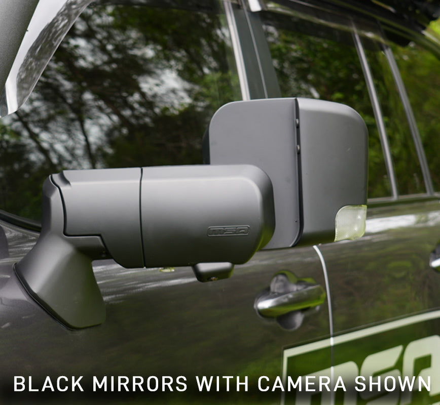 Car side mirror with built-in camera on a vehicle, with text indicating 'Black mirrors with camera shown'.