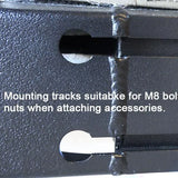 Close-up of a black metal bracket with mounting tracks for M8 bolts or nuts.