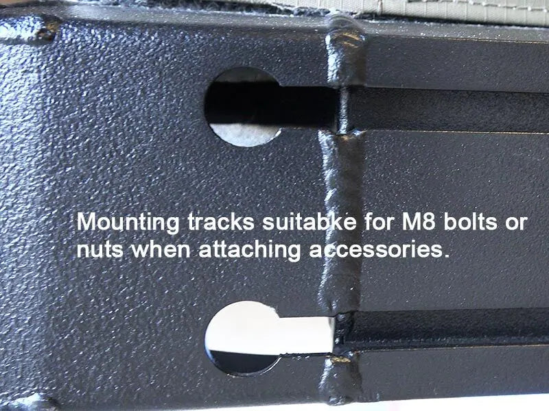 Close-up of a black metal bracket with mounting tracks for M8 bolts or nuts.