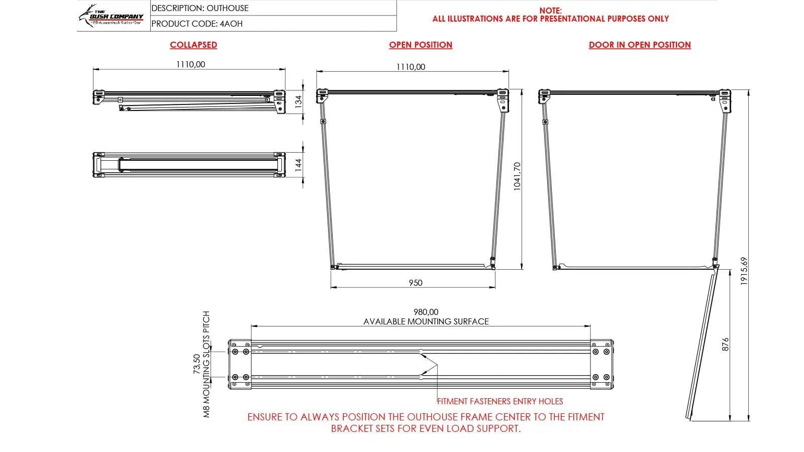 Technical drawing of a outdoor house door with dimensions and mounting details.