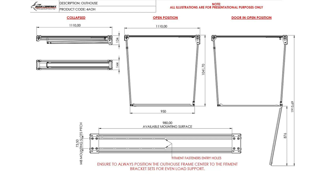 Technical drawing of a outdoor house door with dimensions and mounting details.
