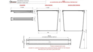Technical drawing of a outdoor house door with dimensions and mounting details.