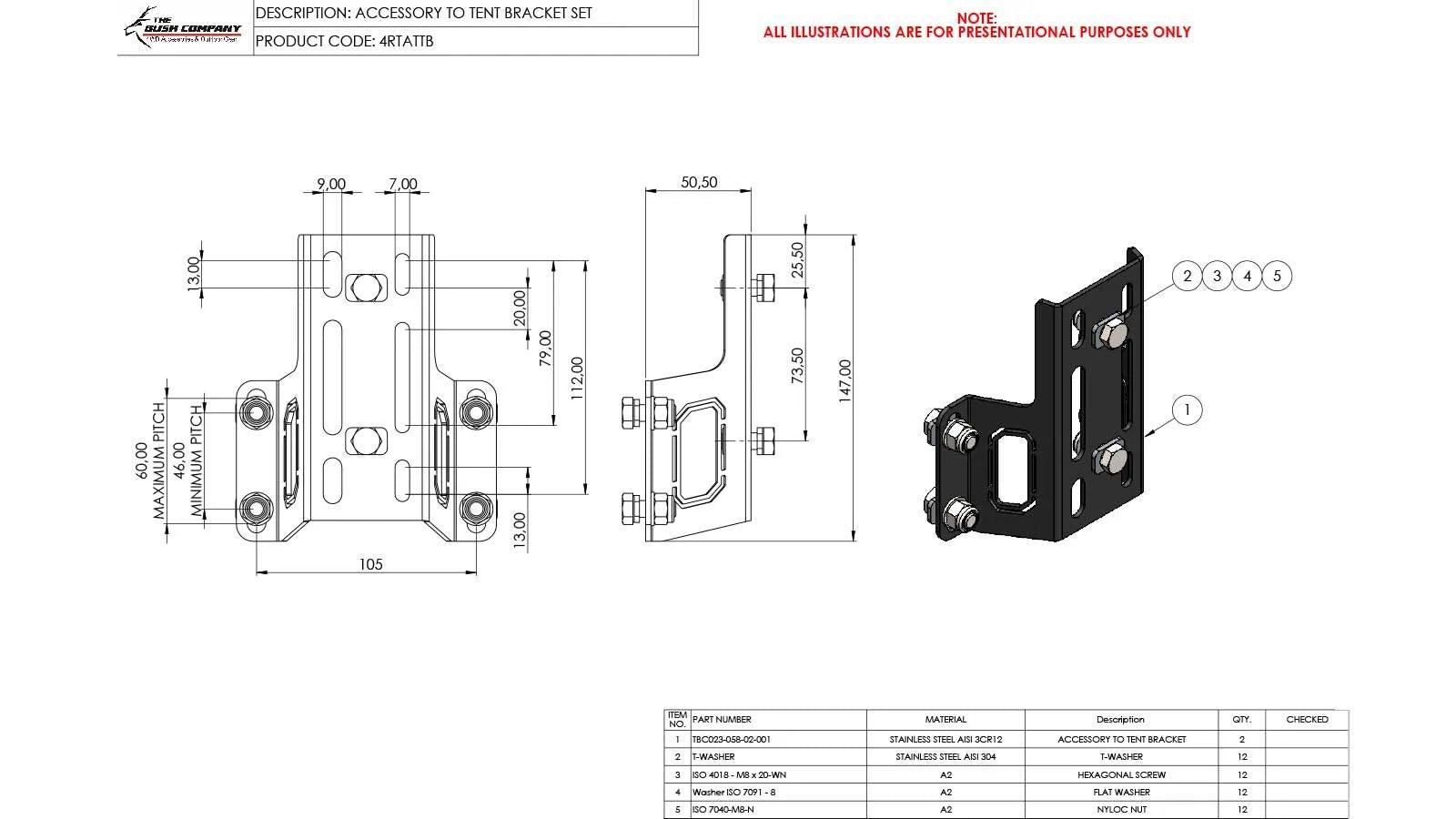 Technical drawing of a tent bracket set with dimensions and specifications.