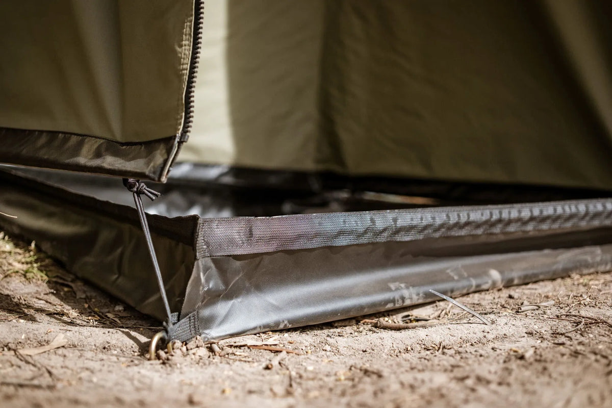 Close-up of a tent's groundsheet on a camping site