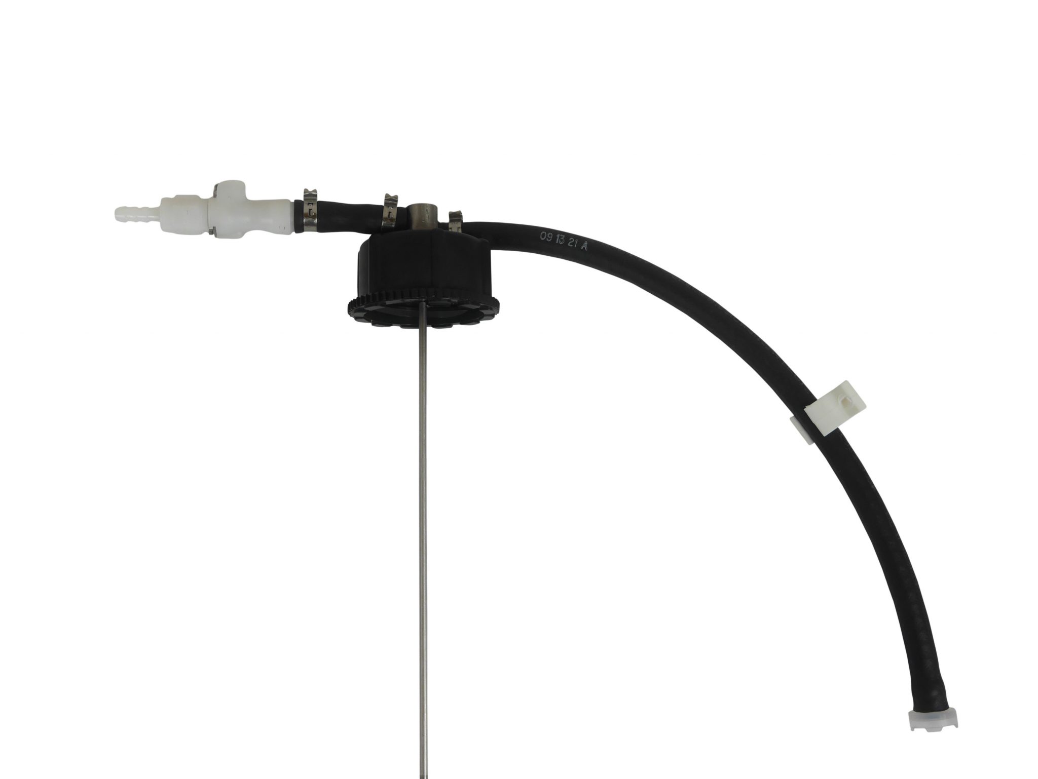 Mechanical component with a black hose and metal parts on a white background