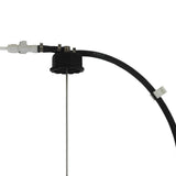Mechanical component with a black hose and metal parts on a white background