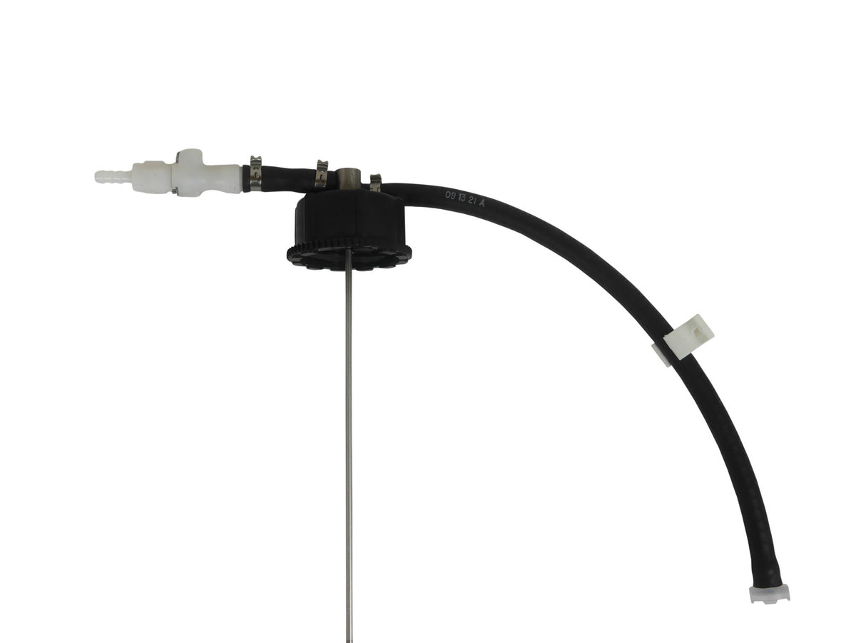 Mechanical component with a black hose and metal parts on a white background