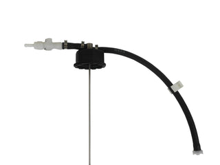 Mechanical component with a black hose and metal parts on a white background