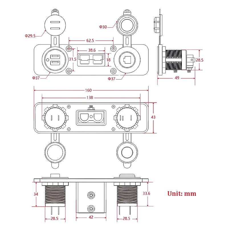 Powerhouse Triple Flush Mount Housing With 50A Plug, Accessory Power Socket & Dual USB Ports