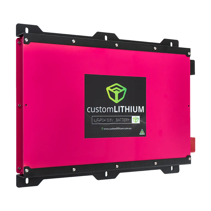 Pink battery with Custom Lithium logo on a white background