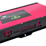 Pink and black battery pack with 'custom LITHIUM' branding on a white background