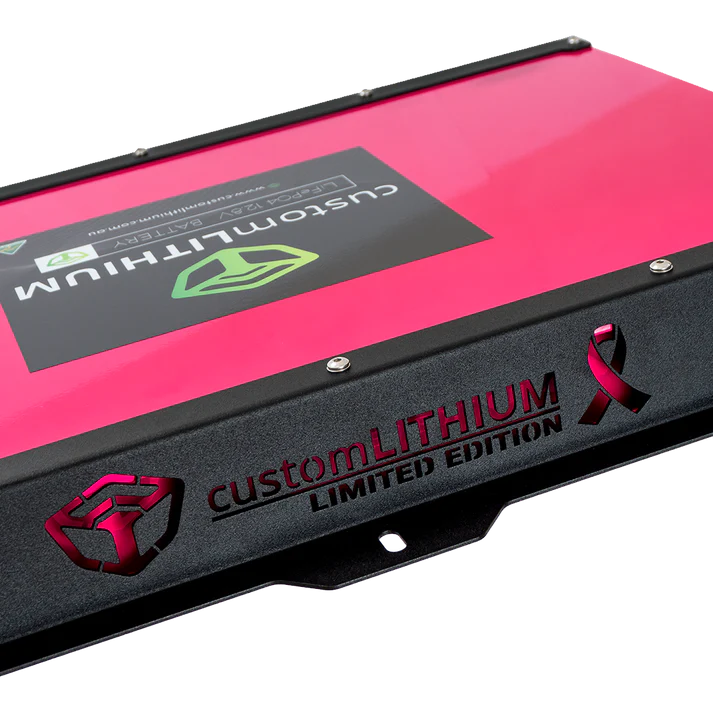 Pink and black battery pack with 'custom LITHIUM' branding on a white background
