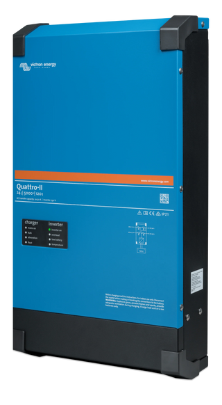 Victron Quattro-II 24|5000|120 from a three-quarter angle, showing the depth of the case and the black mounting frame down the side