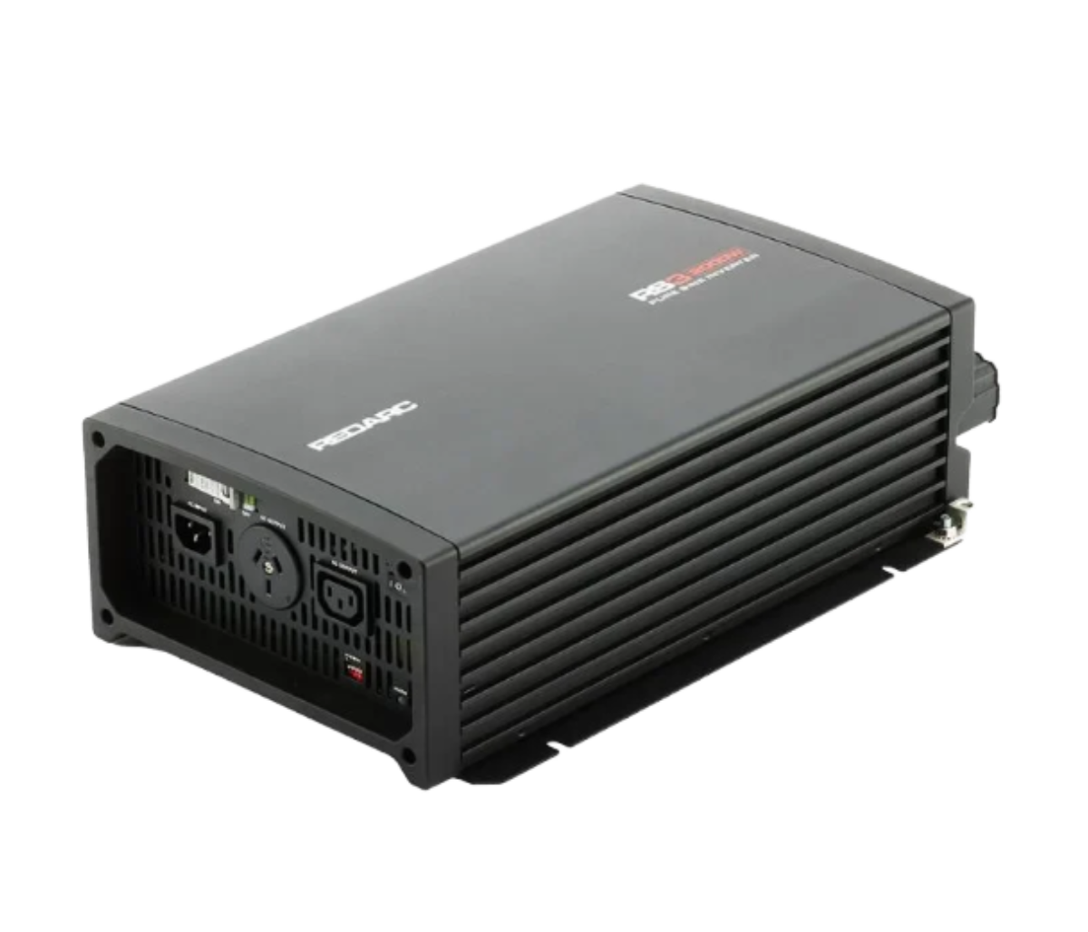 Redarc RS3 pure sine wave inverter seen from the front corner, the black finned case with the model name printed on the lid, the AC outlet and status panel at one end and the DC terminals at the other