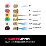 Set of six quick-connect nozzles with cleaning modes and pressure levels on a white background.
