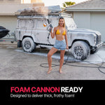 Woman washing a white SUV with the Blahst R30 Wall-Mounted Pressure Washer foam cannon in front of a house.
