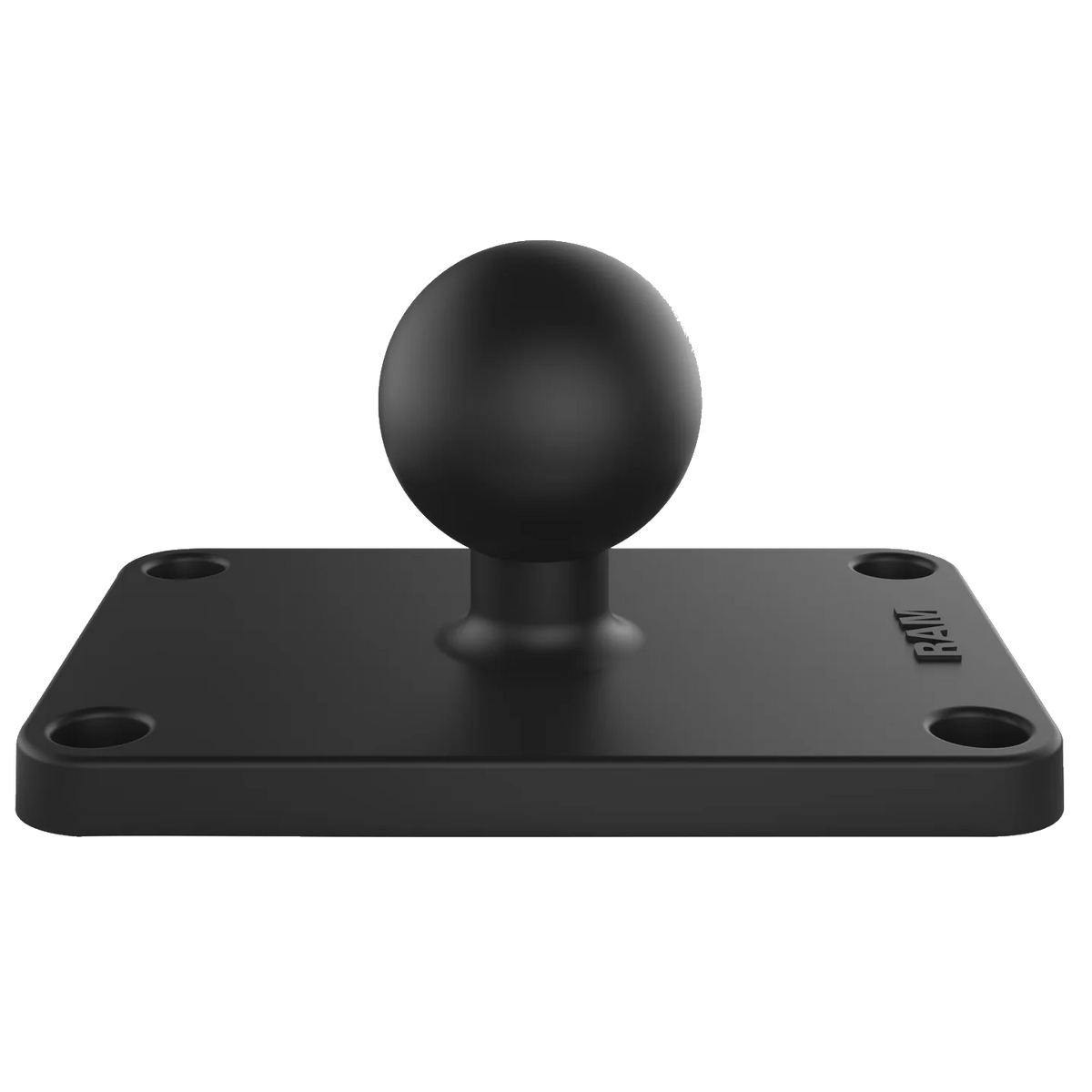 RAM rectangular base plate in black composite, a 1 inch rubber ball on a short neck in the centre and four countersunk mounting holes at the corners