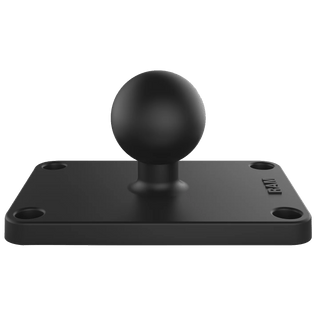 RAM rectangular base plate in black composite, a 1 inch rubber ball on a short neck in the centre and four countersunk mounting holes at the corners
