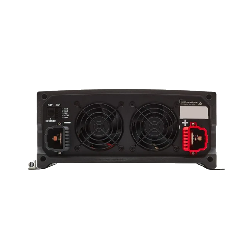 DC end of the REDARC RS3 3000W inverter, showing the twin cooling fans, RJ11 remote port and the positive and negative battery terminals