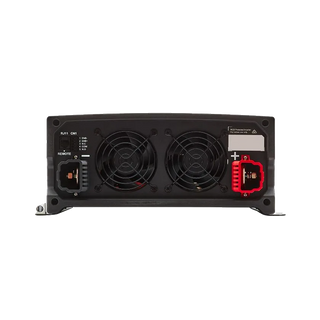 DC end of the REDARC RS3 3000W inverter, showing the twin cooling fans, RJ11 remote port and the positive and negative battery terminals