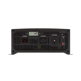 Front panel of the REDARC RS3 3000W inverter, showing the RCD breaker, IEC AC input, IEC C19 and 15A GPO outputs, status light and on/off/remote switch