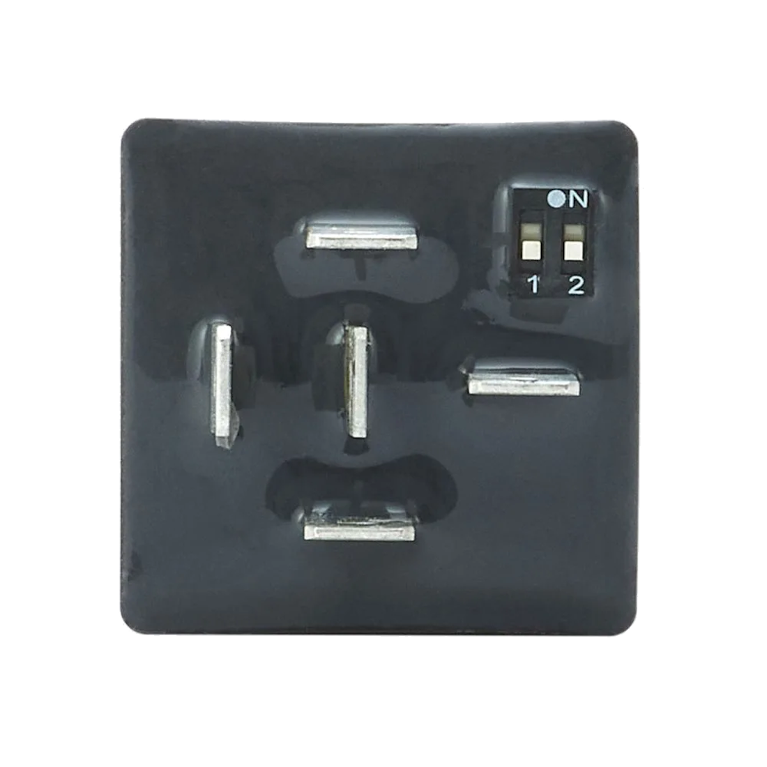 Base of the REDARC Multi Function Timer showing the five spade terminals and the two-position DIP switch