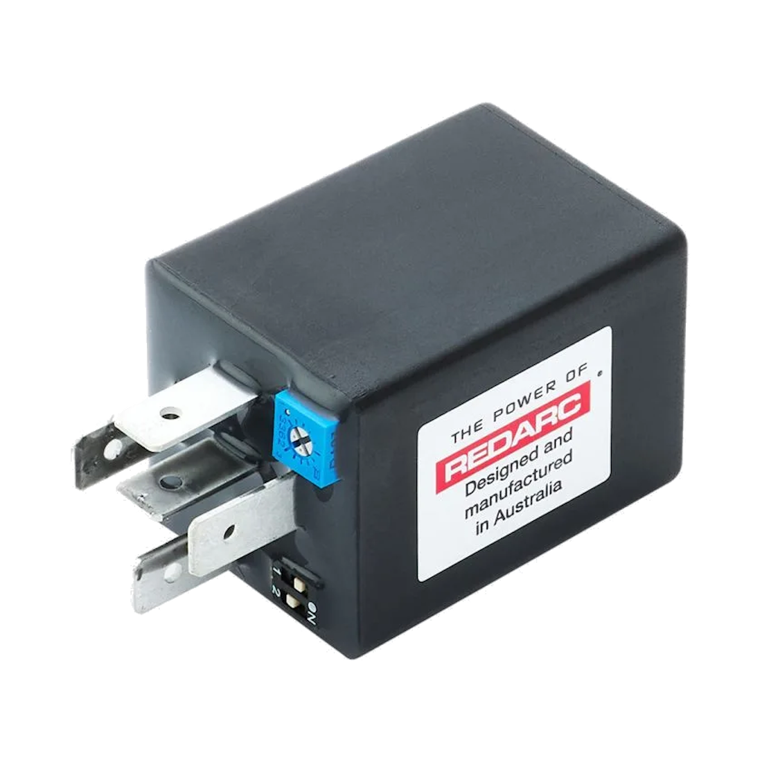 REDARC Multi Function Timer shown at an angle, with its spade terminals, blue adjustment potentiometer and two-position DIP switch visible
