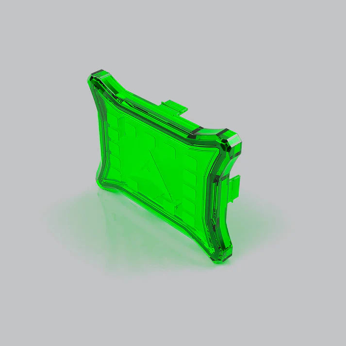 Green translucent rock light cover at an angle, the moulded panel with the ALTIQ arrow raised on the face and clips reaching down from each corner