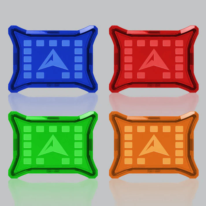 The four cover colours shown square on in a two by two grid, blue and red above, green and amber below, each with the ALTIQ arrow raised in the centre