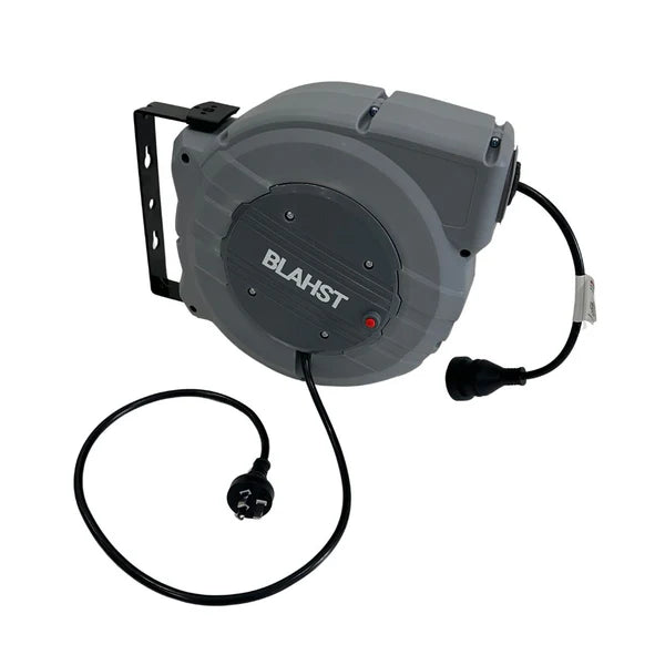 Retractable cable reel with 'BLAHST' branding on a white background