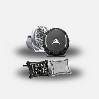The kit shown together: a white and a black ALTIQ round driving light behind, with a long single-row hybrid light bar in front