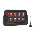 A black 8-way wireless switch panel with various labeled buttons for vehicle functions such as navigation lights, horn, rear, fan, and GPS. It also includes a antenna on the right side.