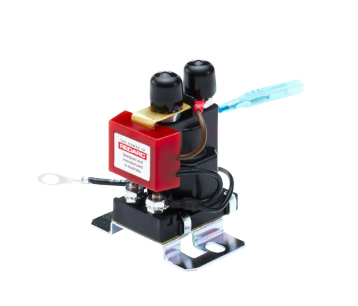 Redarc Smart Start SBI12D dual sensing battery isolator, the red Redarc housing mounted on a solenoid with two heavy studs on top, a zinc-plated mounting bracket underneath, and the earth lead and blue sense wire already fitted