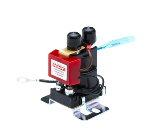 Redarc Smart Start SBI12D dual sensing battery isolator, the red Redarc housing mounted on a solenoid with two heavy studs on top, a zinc-plated mounting bracket underneath, and the earth lead and blue sense wire already fitted